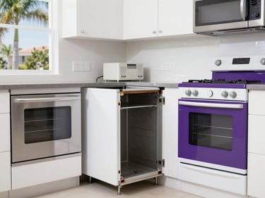 Bright commercial photography of a clean kitchen with modern appliances, open space where an old appliance was safely removed, natural light, 35mm