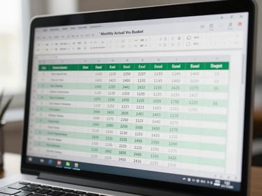 Close-up of an Excel management reporting pack open on a monitor, showing monthly actuals vs budget table with conditional formatting in emerald, clean column headers, natural window light from the left