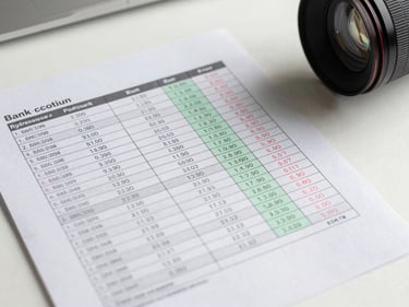 Overhead detail shot of a bank reconciliation spreadsheet with transaction matching columns, status flags in green and red, structured row layout on a clean white desk under studio lighting