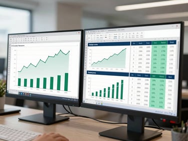 Wide-angle shot of dual monitors displaying an Excel KPI dashboard with revenue trend line charts, rolling forecast panels, and metric tiles in navy and emerald, bright office environment, sharp data readability