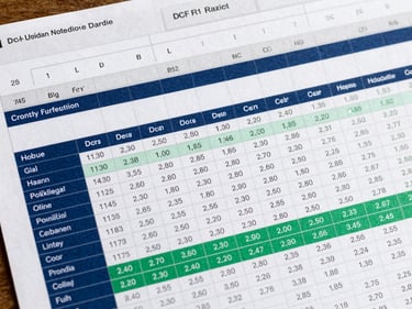 Tight overhead shot of an Excel financial modeling worksheet showing DCF valuation rows, color-coded input cells in navy and emerald, clean numeric grid under bright daylight, sharp focus on formula structure