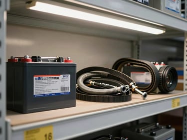 Overhead shot of a battery and a set of belts and hoses neatly arranged on a warehouse shelf under bright fluorescent industrial lighting, product labels and barcodes visible