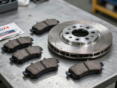 Close-up of a set of brake discs and pads laid on a clean metal workshop surface under bright overhead lighting, OEM packaging partially visible beside them