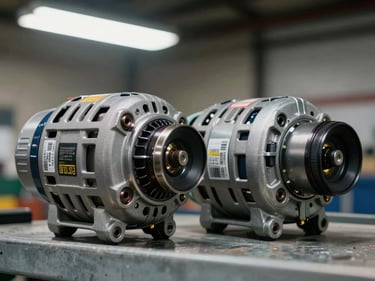 Tight close-up of an alternator and starter motor side by side on a metal shelf, bright overhead warehouse light casting sharp shadows, part stickers and barcodes visible