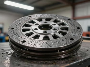 Tight documentary shot of a clutch disc and pressure plate assembly on a warehouse bench under bright overhead light, OEM part numbers visible on the stamped metal surface
