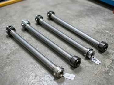 Close-up of suspension components — control arms, ball joints, and tie rod ends — laid out on a clean concrete floor under bright workshop lighting, part numbers legible on tags