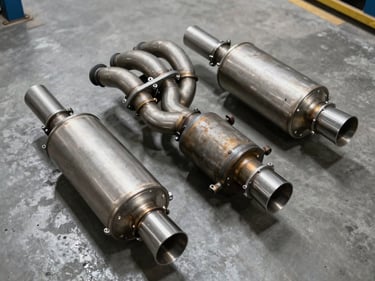 Overhead shot of exhaust manifold and catalytic converter components arranged on a concrete floor under bright warehouse light, metal surfaces showing factory finish