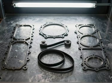 Close-up overhead shot of engine gaskets and timing belt kit spread on a clean metal surface under clinical fluorescent warehouse lighting, individual components clearly separated