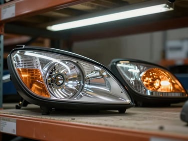 Tight shot of headlight assembly and tail light clusters on a warehouse shelf under clinical fluorescent lighting, clear lens surfaces catching the overhead light