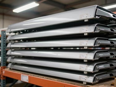 Close-up of body panels and a door mirror assembly stacked on warehouse shelving, bright overhead industrial lighting, part number labels affixed to each item
