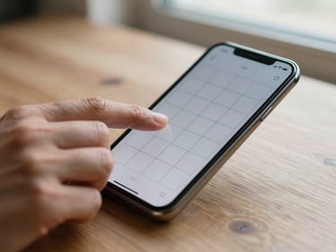 Tight crop of fingers tapping a phone screen showing a simple grid puzzle game, phone resting on a wooden table, neutral window light