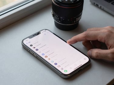 Flat-lay close-up of an Android phone on a gray desk showing a clean task list UI, neutral daylight from a window, finger resting beside the screen