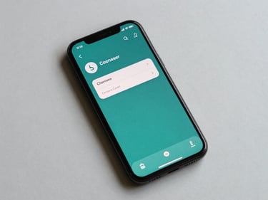 Phone on a plain desk showing a currency converter screen with teal UI elements, shot from directly above, flat daylight, no hands