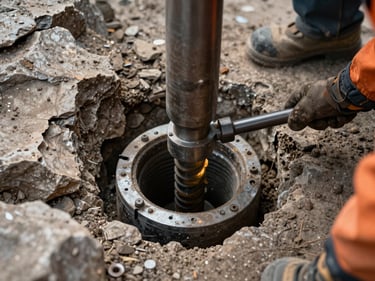 Close-up of a micropile drill head at the collar of a small-diameter bore in fractured bedrock, grout return visible around the casing, crew hand steadying the rod, tight framing on equipment and rock face