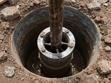 Close overhead shot of a rotary auger drill string entering a bored pile collar, steel casing visible at the bore edge, wet clay spoil around the rim, natural daylight on an active jobsite