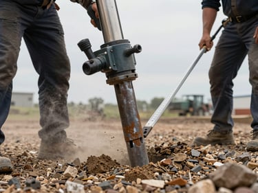 Tight side-angle shot of a hydraulic impact hammer driving a steel H-pile into granular fill, crew member monitoring set rate with a measuring rod, dust and vibration visible, overcast daylight