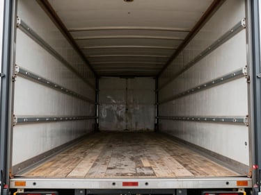 Interior of a large freight truck, wide empty cargo hold showing full depth with wooden floor slats and heavy-duty anchor points along both walls, overcast daylight visible from rear ramp