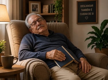 Elderly man with glasses napping in a cozy armchair with a book in a warm living room.