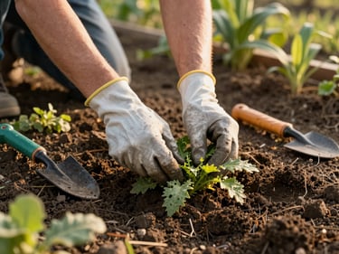 Gloved hands pulling weeds from a cleared garden bed, dark soil visible, tools resting nearby, golden hour sidelight, no faces shown