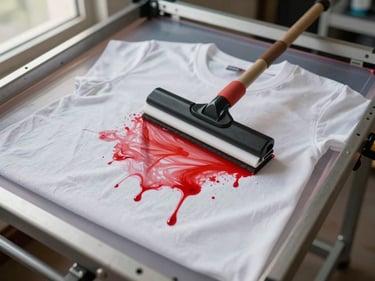 Close-up overhead flat-lay of a silk screen with red ink mid-squeegee pass on a white cotton t-shirt, stencil edges crisp, shop floor visible below, natural window light from the left