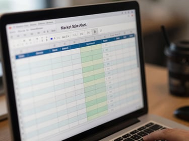 Close-up of a computer screen showing a market sizing spreadsheet with segmentation columns, natural office light, slightly shallow depth of field on surrounding desk