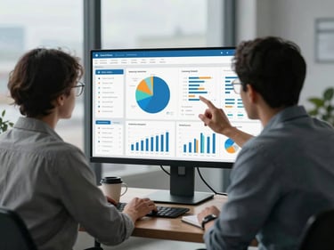 Analyst at a standing desk reviewing a data visualization dashboard on a large monitor, overcast indoor light, coffee mug and notebook visible, no posing