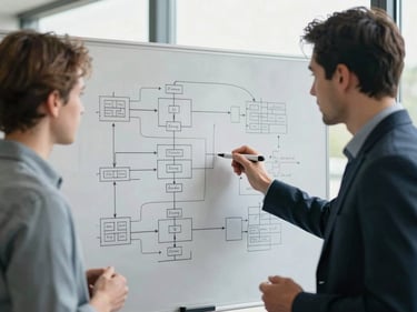 Two engineers at a whiteboard covered in system architecture diagrams, marker in hand mid-conversation, natural daylight from a window behind them, candid framing