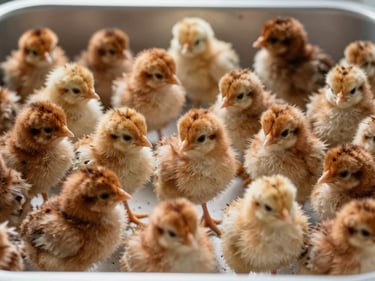 Extreme close-up flat-lay of Novogen Brown day-old chicks in a sorting tray, north-facing daylight, dense tawny-brown down, overhead clean framing, hatchery white surface
