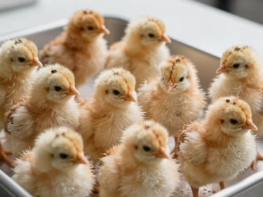 Extreme close-up flat-lay of Rhode Island Sasso day-old chicks in a sorting tray, north-facing facility daylight, warm amber-buff down, overhead framing, clinical white background