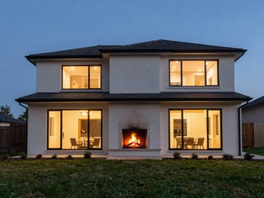 Real estate exterior at twilight, warm interior lights, natural-looking dusk sky, fireplace glowing, wide-angle lens, natural saturated tones
