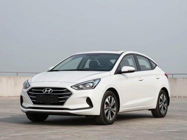 Front three-quarter view of a white Hyundai HB20 sedan parked on a clean daylight lot, overcast sky, sharp detail, clean background