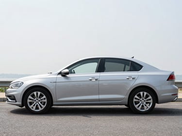 Side profile of a silver Volkswagen Polo sedan on a clean asphalt lot, bright overcast daylight, no distractions in background