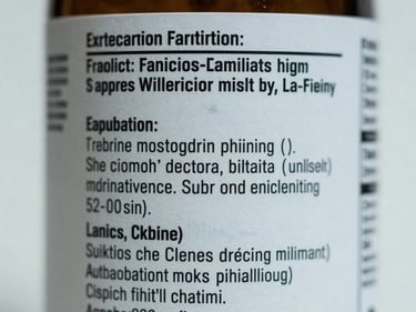 Extreme close-up of a supplement bottle label under cool even studio lighting, shallow depth of field isolating the ingredient panel text, neutral white background, clinical flat-lay framing