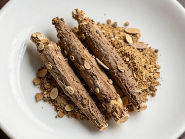 Overhead view of ashwagandha root pieces and fine powder on a clean white ceramic surface, cool even north-facing daylight, texture of the root visible in sharp detail