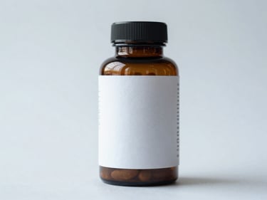 Product isolation shot of a dark amber supplement bottle on a white surface, label facing camera, cool even studio lighting, shallow depth of field with clean white background