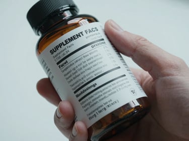 Close-up of a hand holding a supplement bottle, fingers examining the Supplement Facts panel under cool even studio lighting, white background, product-detail scale framing