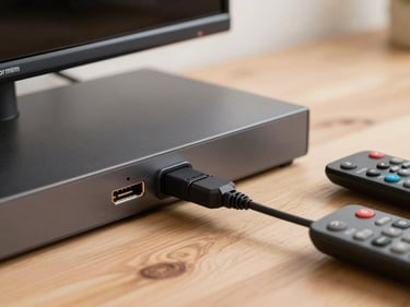 Close detail of a streaming stick plugged into the back of a TV HDMI port, remote resting nearby on a wood surface, clean daylight-neutral lighting, no people