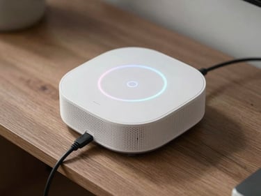 Close-up overhead of a smart home hub device installed on a side table, its indicator ring glowing softly, a single power cable routed neatly beneath, daylight-neutral room lighting, no people