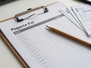 Close-up overhead of a printed project schedule on a clipboard with a pencil resting across it, vendor contact cards fanned beside it, daylight-neutral lighting on a clean work surface