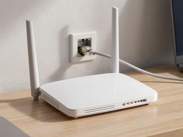 Environmental shot of a white wireless router placed on a desk, status lights visible, Ethernet cable routed cleanly to wall port, neutral office daylight, no people