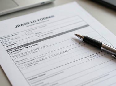 Overhead close-up of a commercial work order form and subcontractor vendor cards spread on a desk, daylight-neutral office lighting, pen resting on paper, clean and orderly