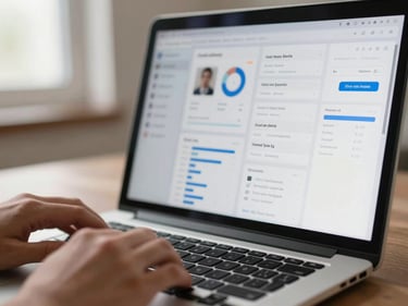 Close-up of a laptop screen displaying a social media analytics dashboard with clean data visualisations, hands resting on keyboard in foreground, daylight from the left, shallow depth of field