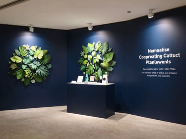 Medium shot of a product launch event space — branded environmental graphics on deep navy walls, spotlit product display on a plinth, clean empty foreground, controlled event lighting