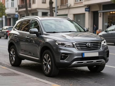 Front three-quarter view of a dark grey SUV parked on a wide Istanbul boulevard, daylight, imposing and ready-to-drive