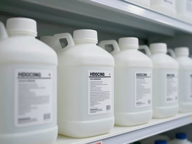 Tight detail shot of specialty chemical containers in a climate-controlled storage area, white HDPE bottles with technical specification labels, cool fluorescent and daylight mix, clean shelving rows