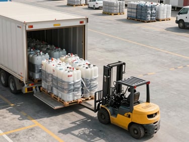 Overhead logistics view of a Meydan Free Zone loading dock, forklift moving palletised chemical containers toward a freight door, natural daylight, facility markings on floor, organised workflow