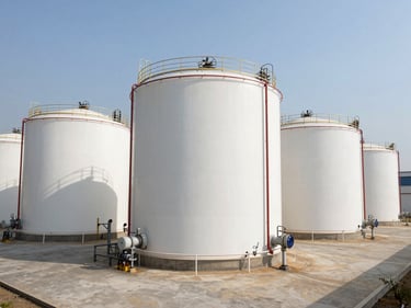 Wide shot of bulk commodity chemical storage tanks inside a free-zone facility, large cylindrical vessels with pipeline connections, industrial daylight, clean concrete floor, depth of field