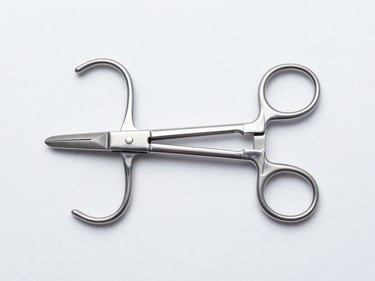 Top-down flat lay of a self-retaining surgical retractor, showcasing its mechanical design and clean lines, cool studio lighting, sterile white background.