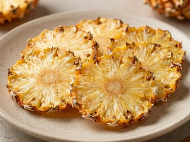 Slices of sun-dried golden pineapple arranged on a textured stone plate, showing rich fiber detail and warm natural tones.
