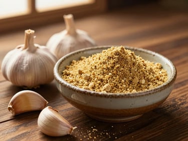 A rustic ceramic bowl filled with fine, golden garlic powder next to whole dried garlic cloves on a dark wooden surface, warm side lighting.